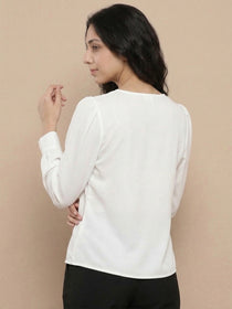VORA LABEL Women's Premium White Crepe V-Neck Top with Full Sleeves | Elegant Formal & Office Wear Blouse