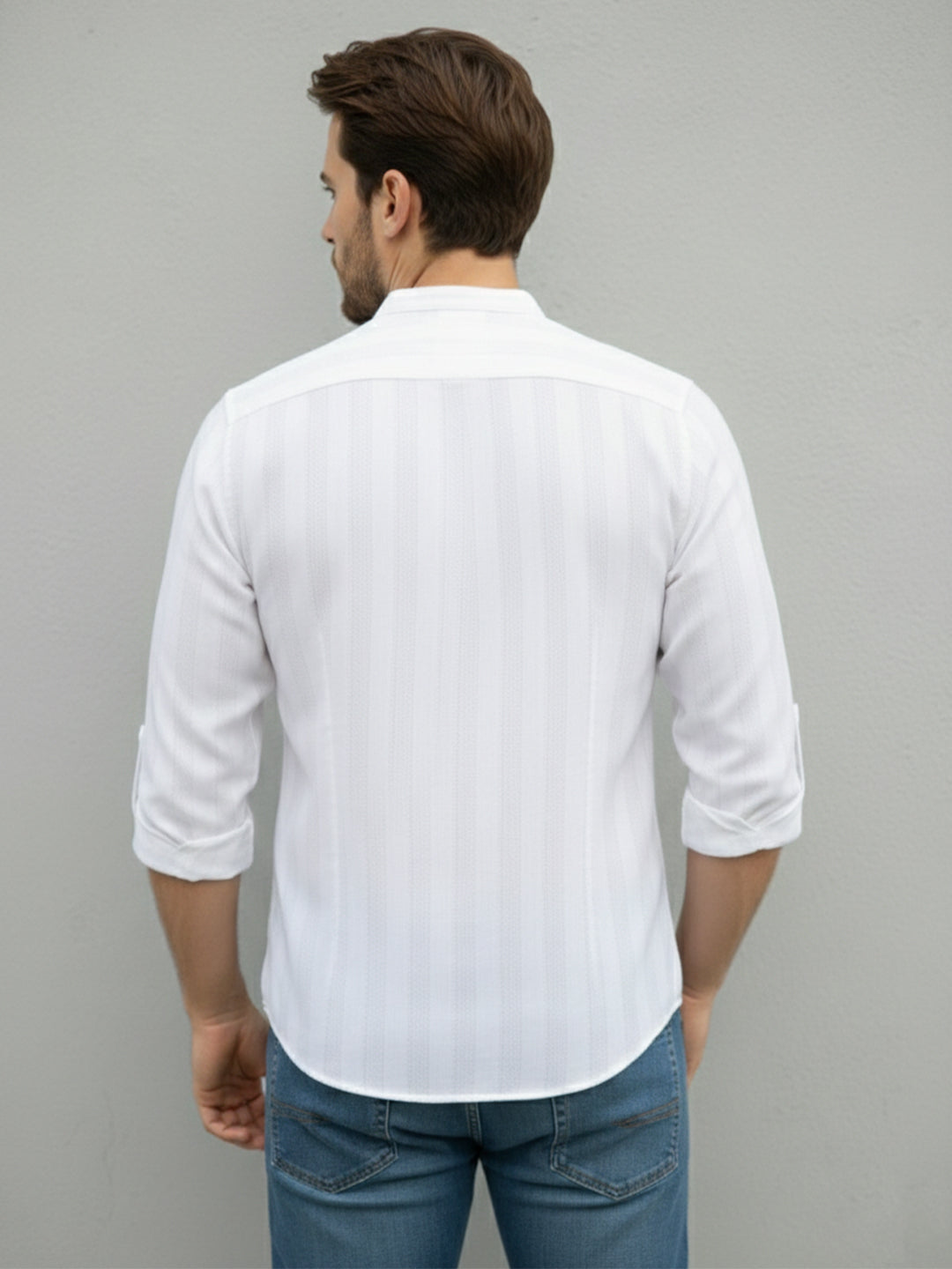 VORA LABEL Men Cotton Striped Relaxed Fit Mandarin Collar Full Sleeve Short Kurta - White