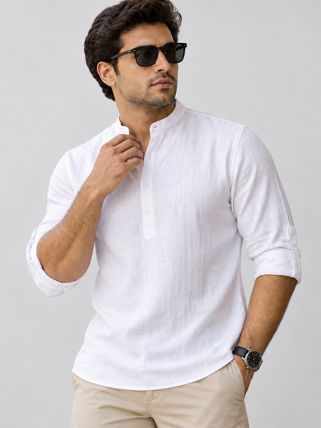 VORA LABEL Men’s Cotton Blend Solid Kurta | Mandarin Collar Full Sleeve Kurta | Casual & Festive Wear