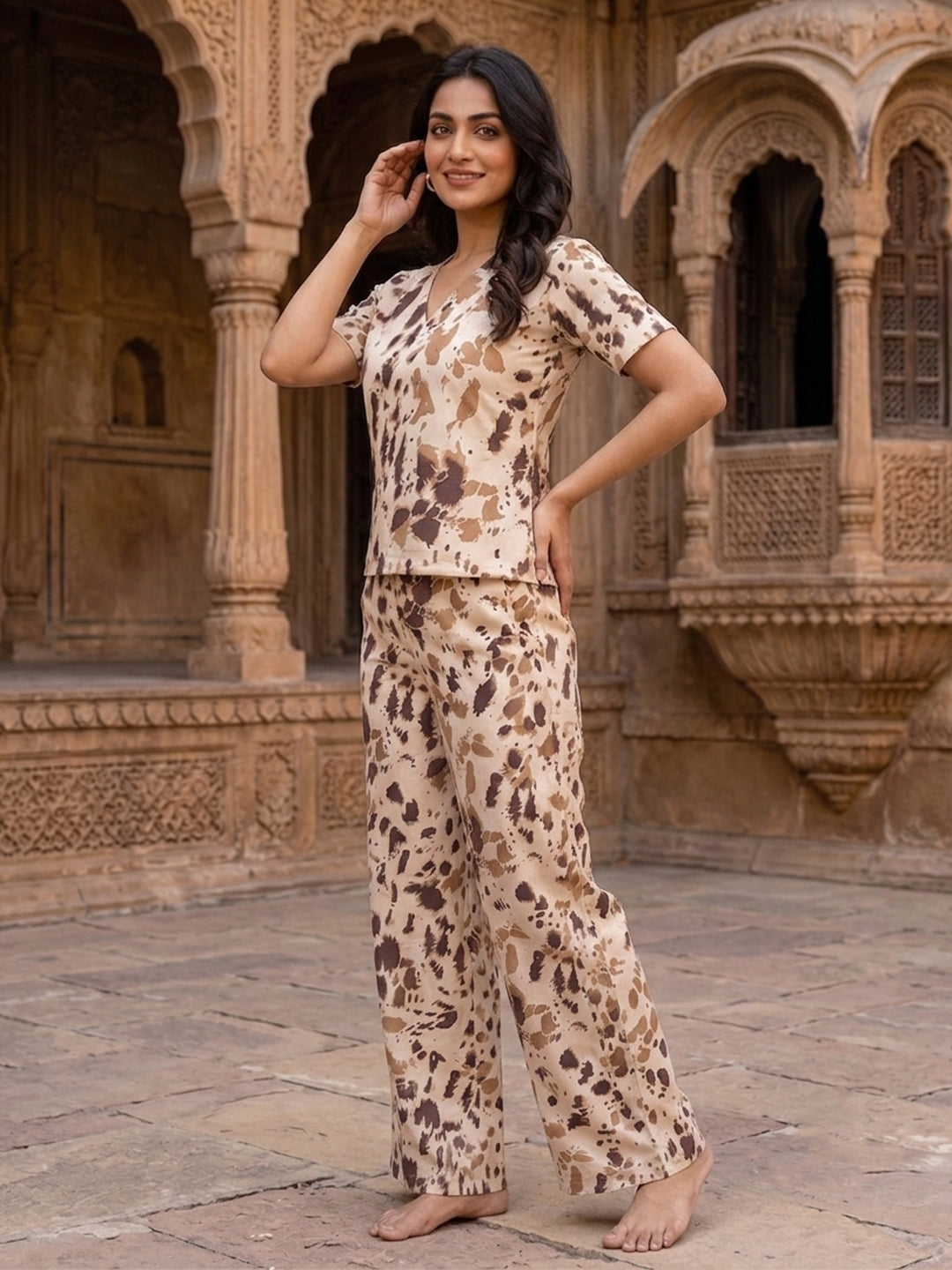 VORA LABEL Women Linen Cotton Abstract Printed Regular Fit Night Suit Set - White