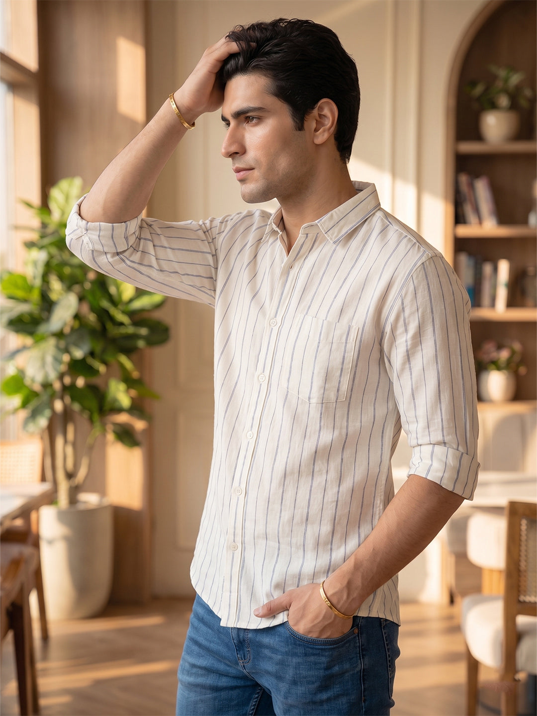VORA LABEL Men Cotton Striped Regular Fit Casual Shirt - White