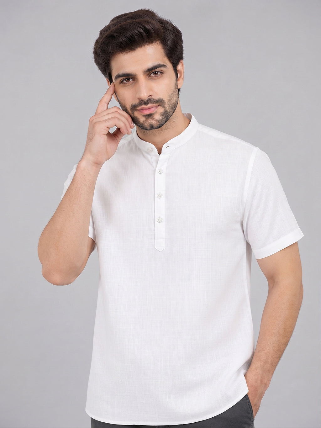VORA LABEL Men’s Cotton Blend Mandarin Collar Half Kurta | Short Sleeve Solid Casual Wear
