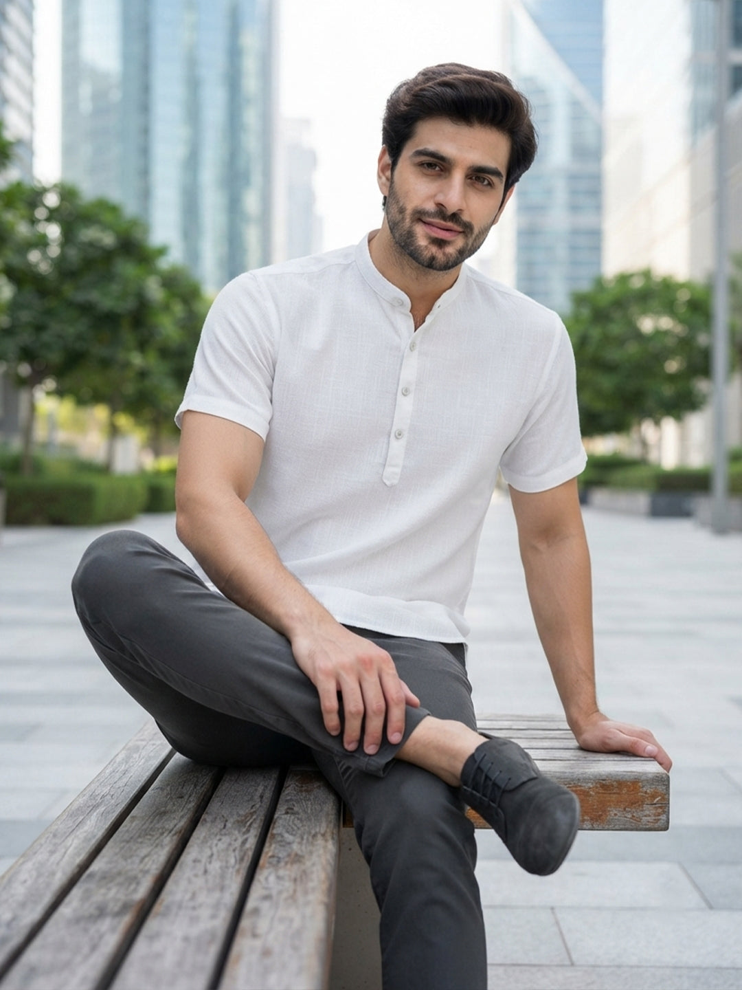 VORA LABEL Men’s Cotton Blend Mandarin Collar Half Kurta | Short Sleeve Solid Casual Wear