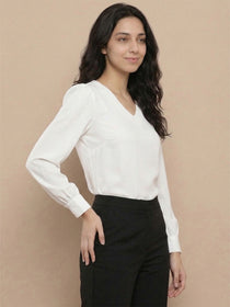 VORA LABEL Women's Premium White Crepe V-Neck Top with Full Sleeves | Elegant Formal & Office Wear Blouse