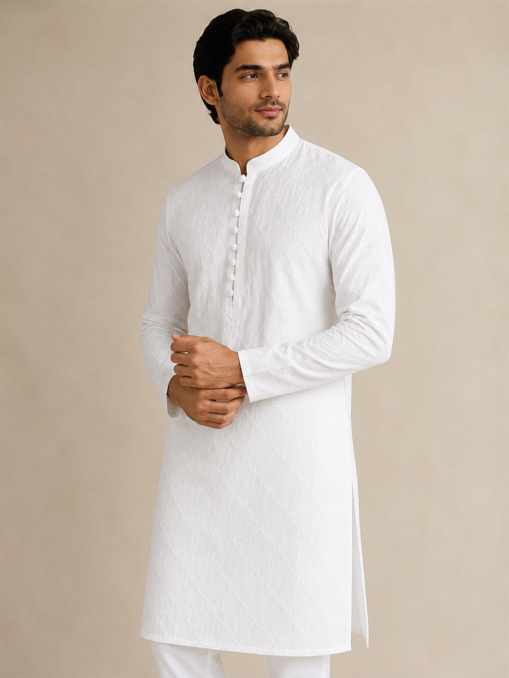 VORA LABEL Men Cotton Chikankari Embroidered Regular Fit Long Kurta - White