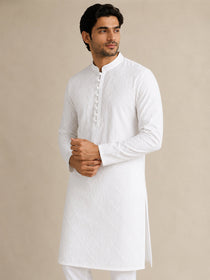 VORA LABEL Men Cotton Chikankari Embroidered Regular Fit Long Kurta - White