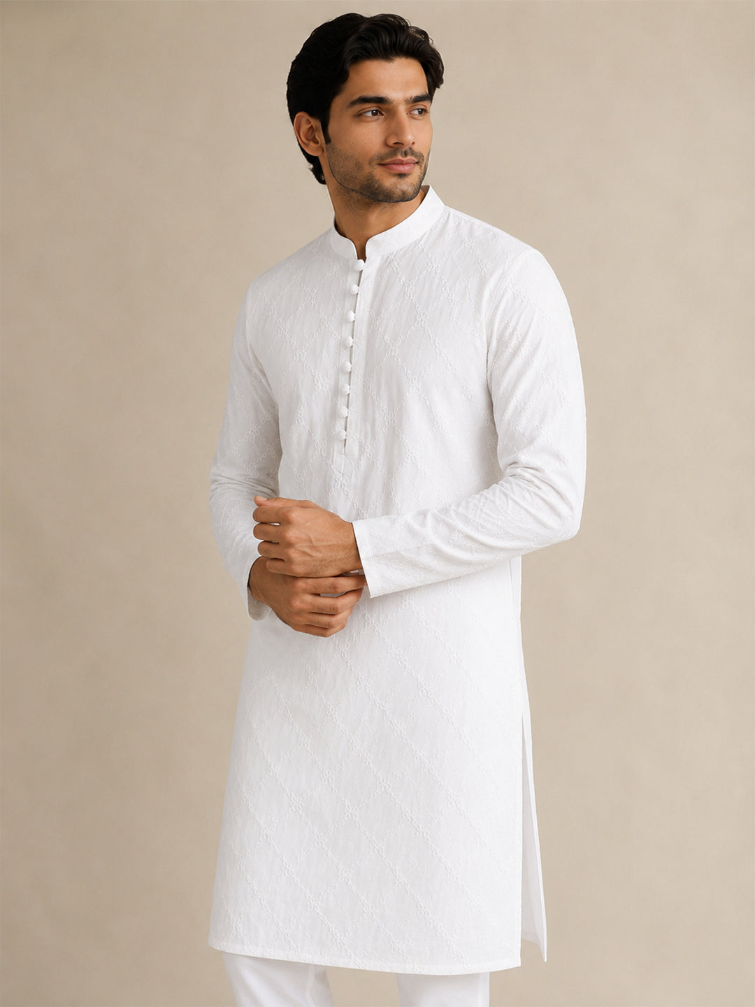 VORA LABEL Men Cotton Chikankari Embroidered Regular Fit Long Kurta - White