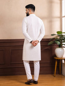 VORA LABEL Men Cotton Self-Design Regular Fit Long Kurta - White