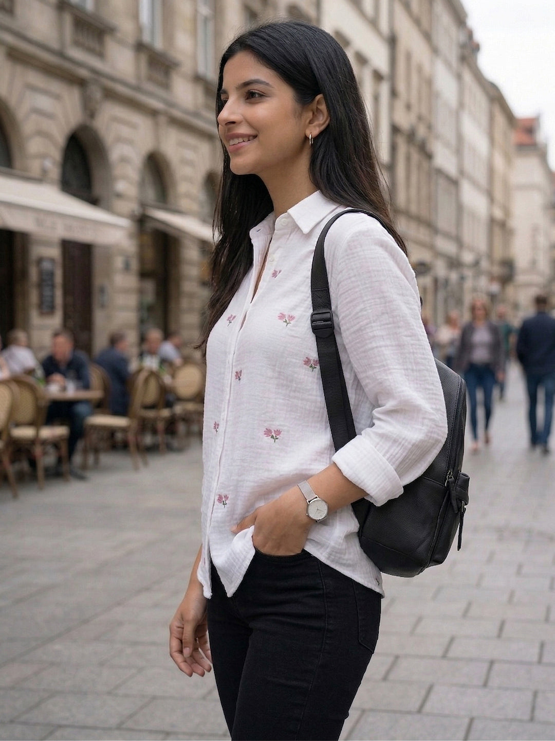 VORA LABEL Women Denim Floral Printed Embroidered Shirt - Black
