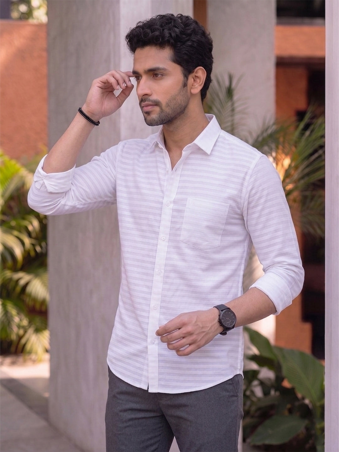VORA LABEL Men Denim Striped Slim Fit Casual Shirt - Black