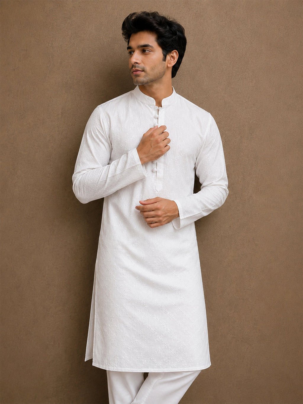 VORA LABEL Men Cotton Chikankari Self-Design Long Kurta - White
