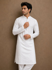 VORA LABEL Men Cotton Chikankari Self-Design Long Kurta - White
