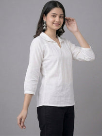 VORA LABEL Women Linen Cotton Regular Fit V Neck Top - White