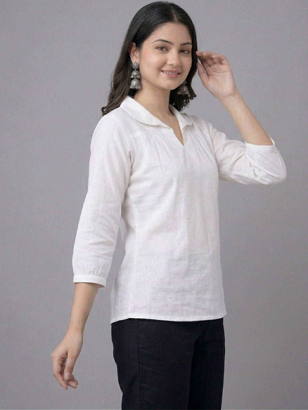 VORA LABEL Women Linen Cotton Regular Fit V Neck Top - White