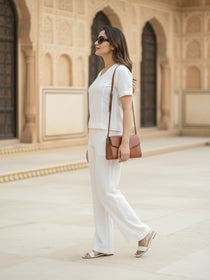 VORA LABEL Women Linen Solid Relaxed Fit Co-ord Set - White