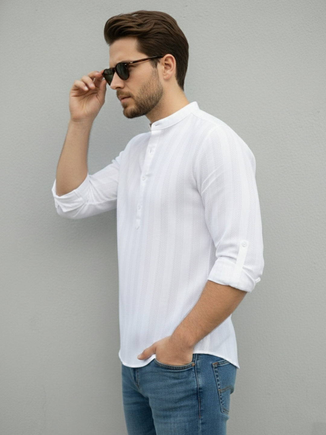 VORA LABEL Men Cotton Striped Relaxed Fit Mandarin Collar Full Sleeve Short Kurta - White