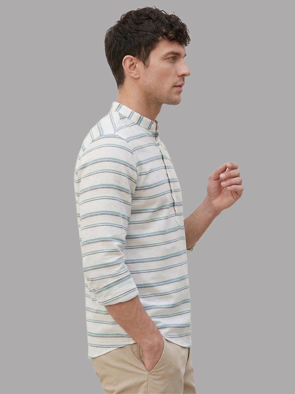 VORA LABEL Men Cotton Striped Relaxed Fit Short Kurta - Pista Blue
