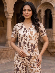 VORA LABEL Women Linen Cotton Abstract Printed Regular Fit Night Suit Set - White