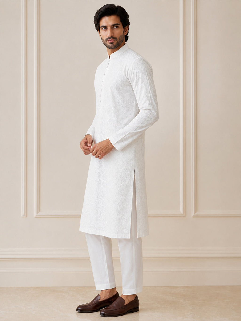 VORA LABEL Men Cotton Chikankari Embroidered Long Kurta - White