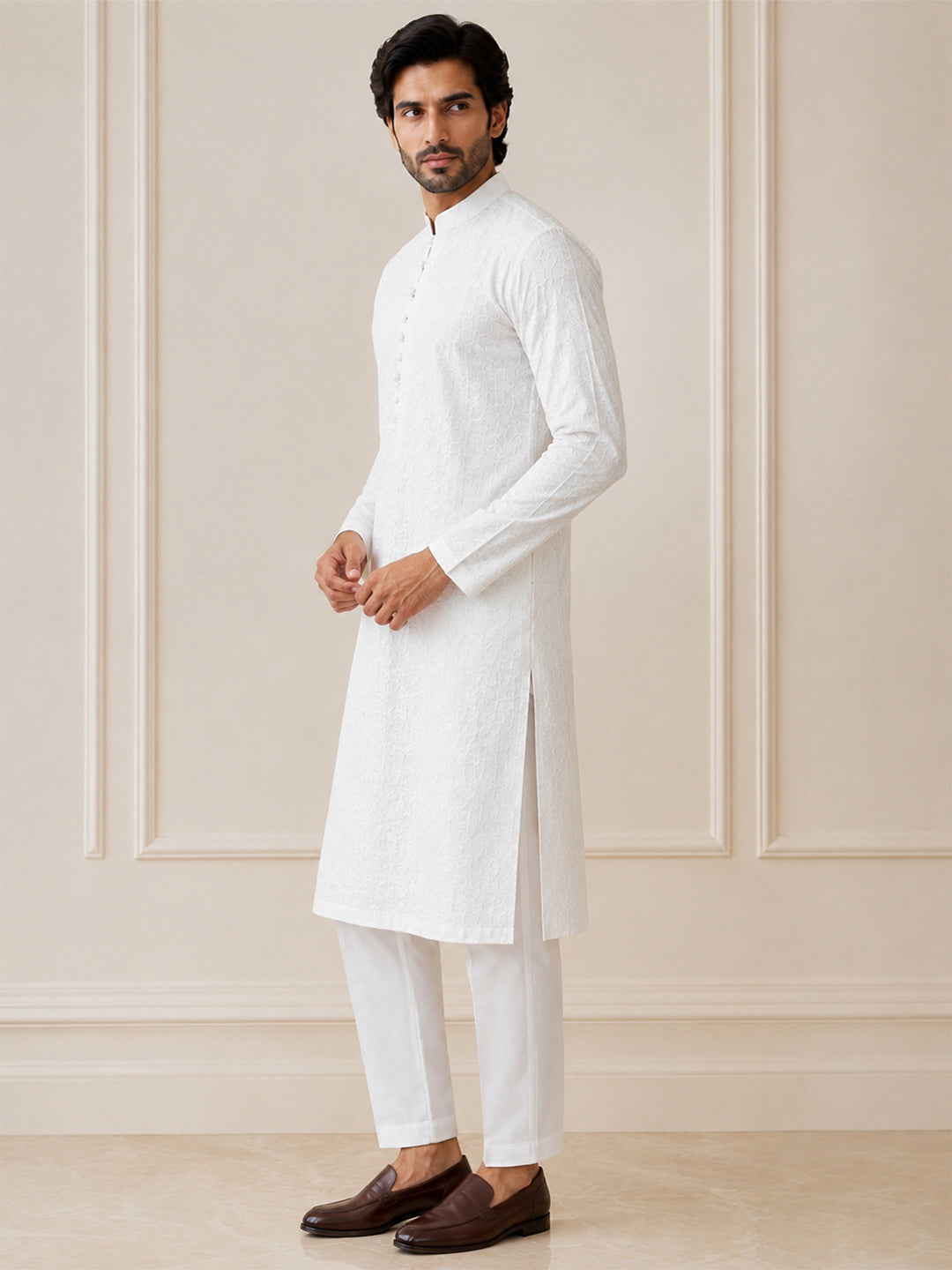 VORA LABEL Men Cotton Chikankari Embroidered Long Kurta - White