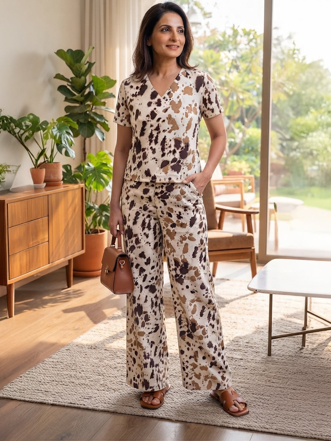 VORA LABEL Women Linen Cotton Abstract Printed Regular Fit Night Suit Set - White