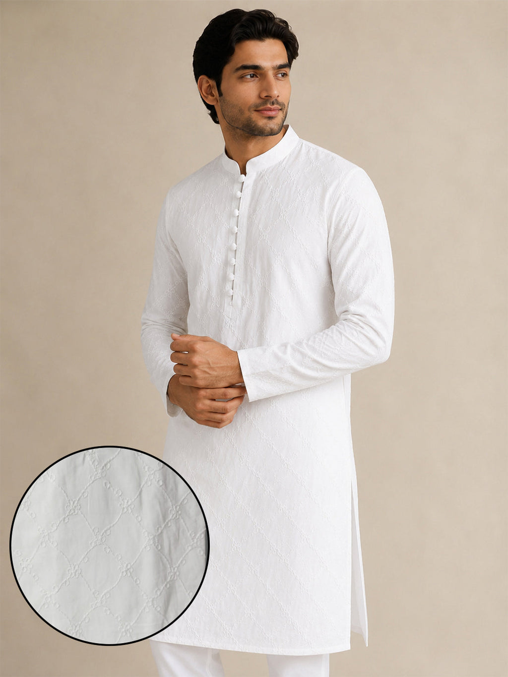VORA LABEL Men Cotton Chikankari Embroidered Regular Fit Long Kurta - White