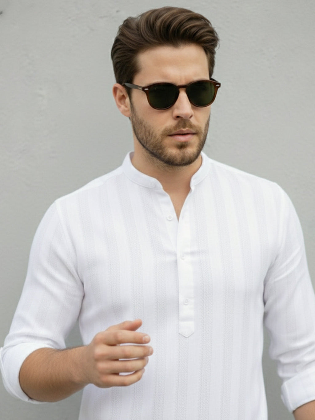 VORA LABEL Men Cotton Striped Relaxed Fit Mandarin Collar Full Sleeve Short Kurta - White
