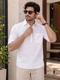 VORA LABEL Men’s Cotton Blend Solid Kurta | Mandarin Collar Full Sleeve Kurta with Pocket | Casual & Festive Wear
