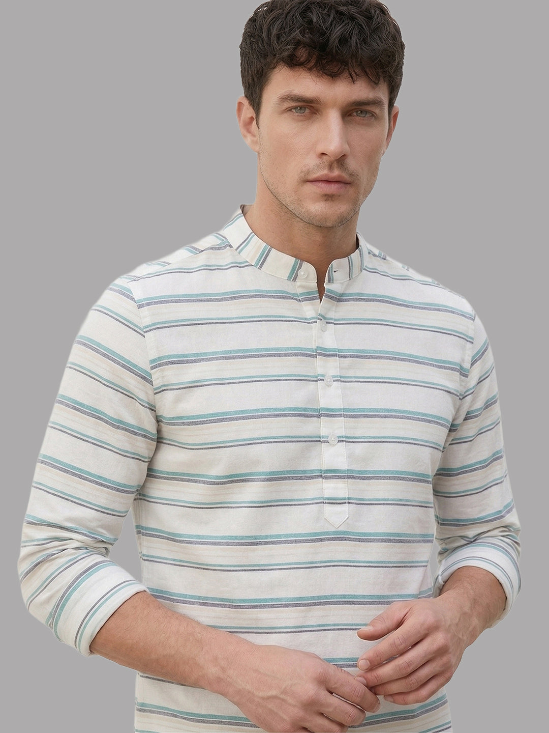 VORA LABEL Men Cotton Striped Relaxed Fit Short Kurta - Pista Blue
