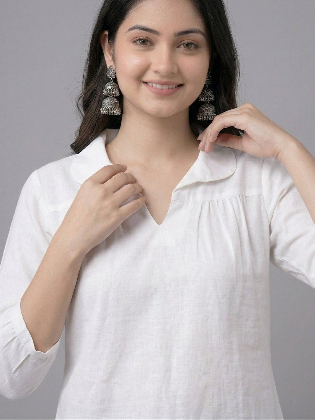 VORA LABEL Women Linen Cotton Regular Fit V Neck Top - White