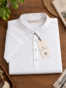 VORA LABEL Men’s Cotton Blend Mandarin Collar Half Kurta | Short Sleeve Solid Casual Wear
