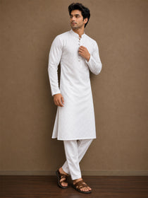 VORA LABEL Men Cotton Chikankari Self-Design Long Kurta - White