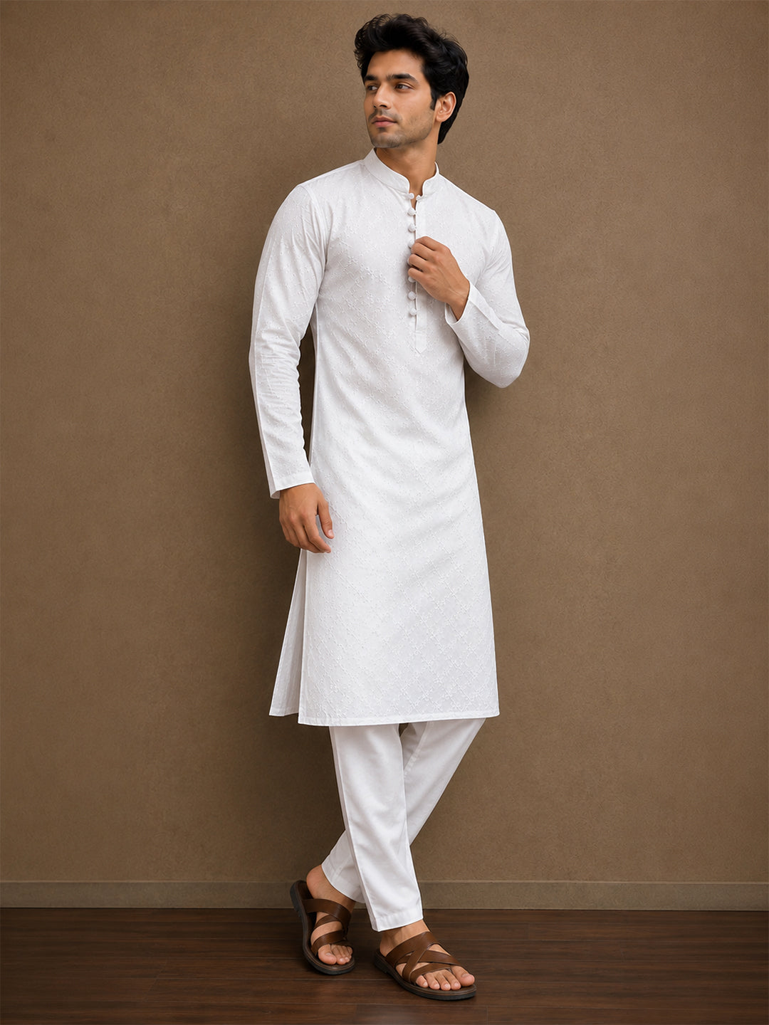 VORA LABEL Men Cotton Chikankari Self-Design Long Kurta - White