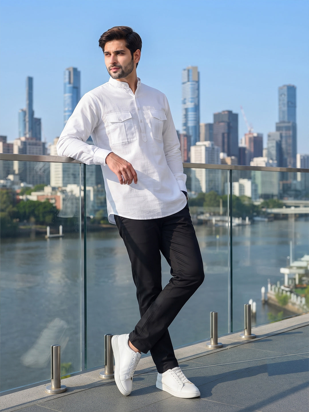 VORA LABEL Men’s Pure Cotton Solid Mandarin Collar Kurta | Full Sleeves with Roll-Up Tab | Casual & Smart Casual Wear