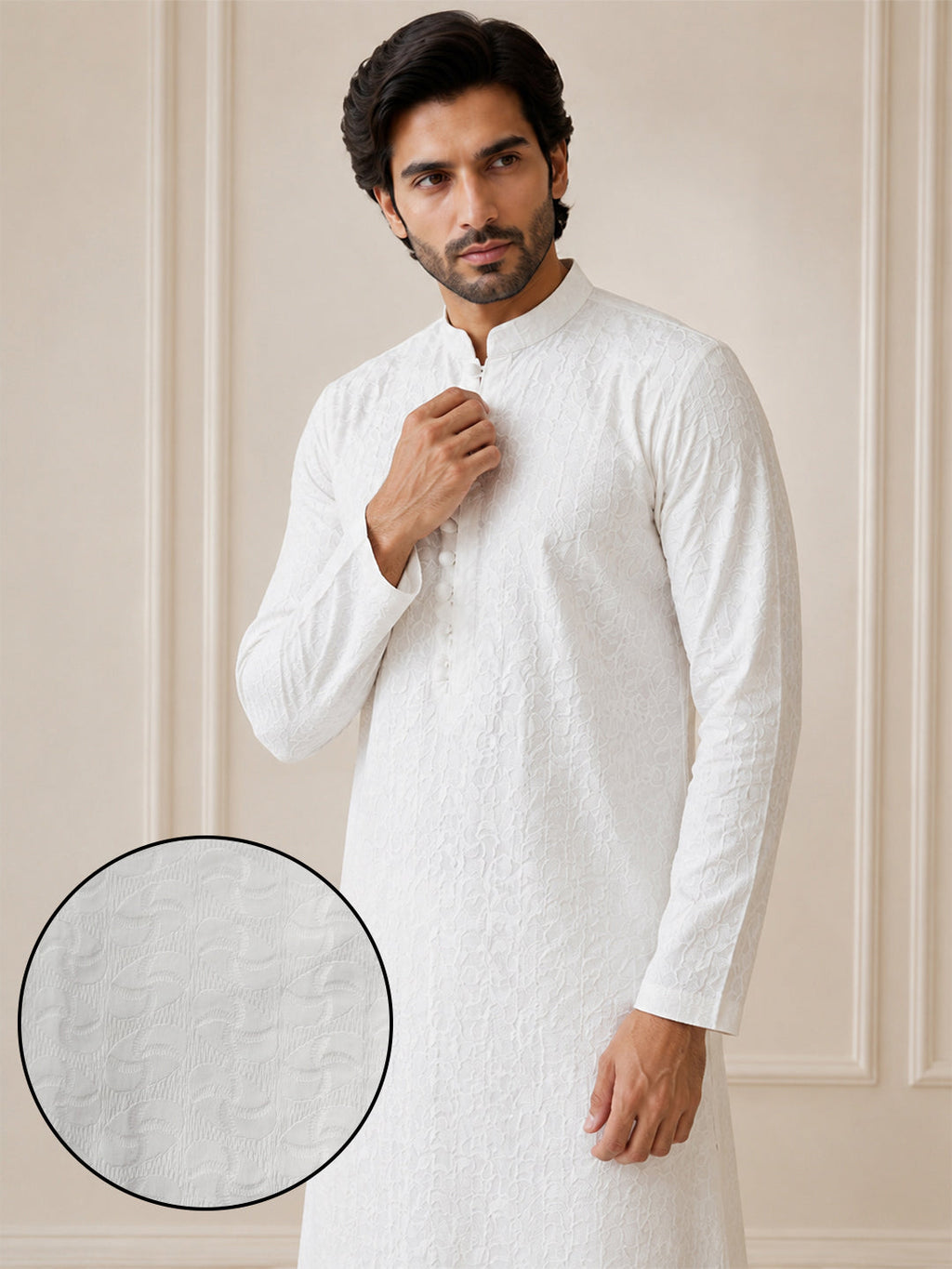 VORA LABEL Men Cotton Chikankari Embroidered Long Kurta - White