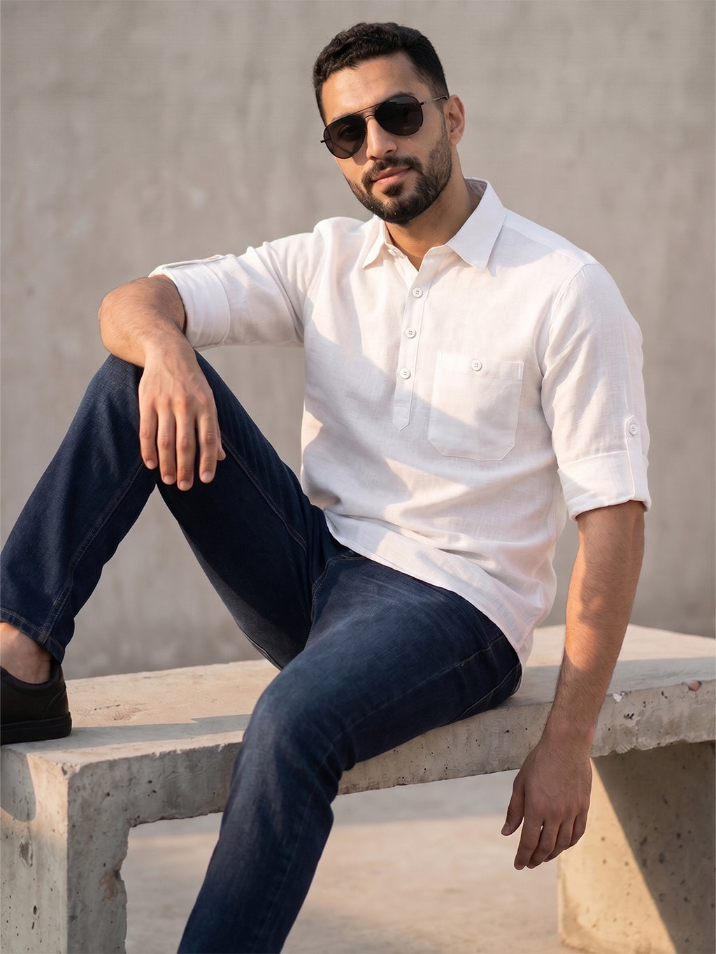 VORA LABEL Men’s Cotton Blend Solid Kurta | Mandarin Collar Full Sleeve Kurta with Pocket | Casual & Festive Wear