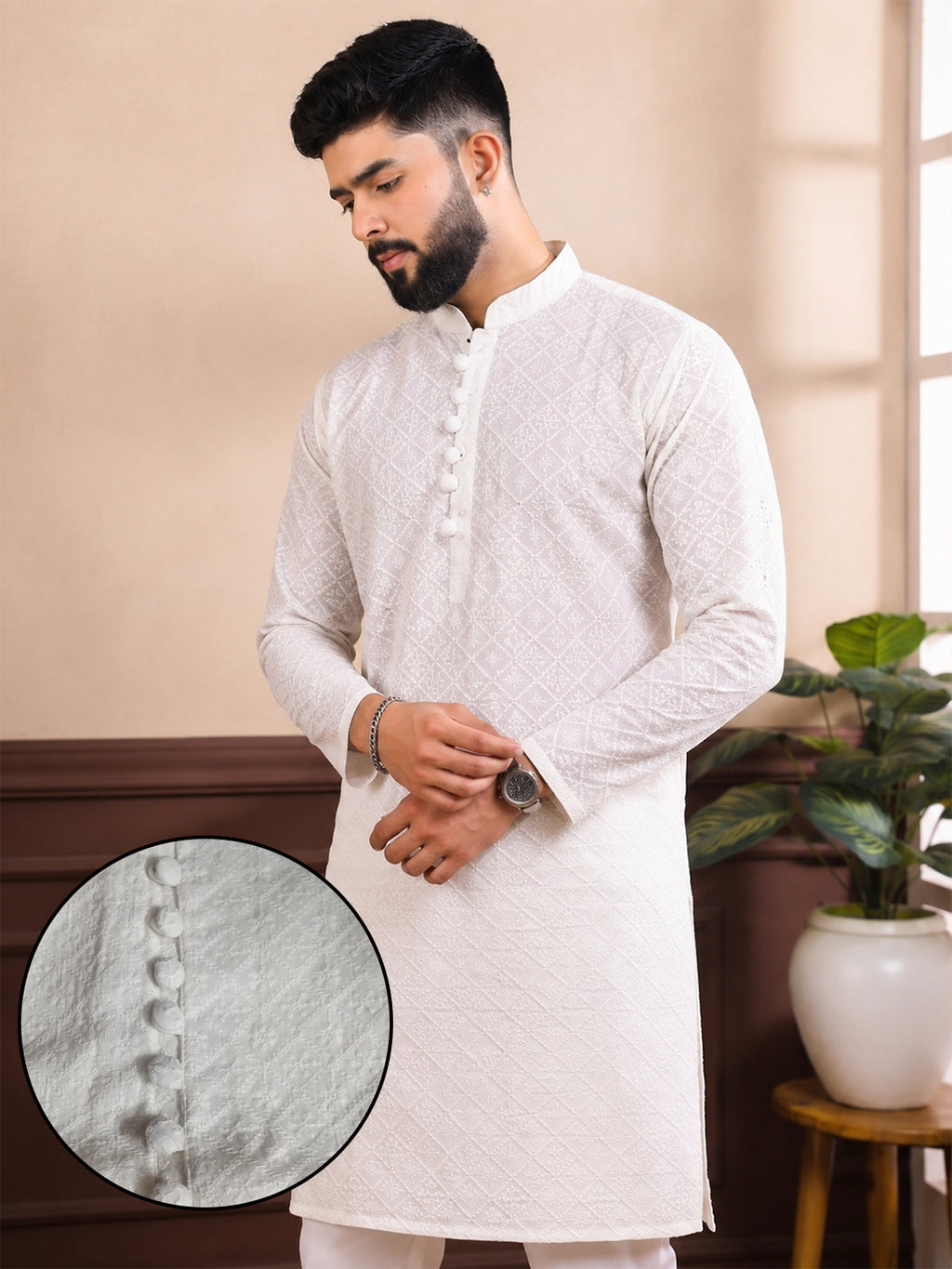 VORA LABEL Men's Pure Cotton White Embroidered Kurta | Mandarin Collar | Traditional Ethnic Wear