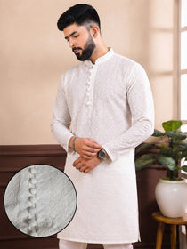 VORA LABEL Men's Pure Cotton White Embroidered Kurta | Mandarin Collar | Traditional Ethnic Wear
