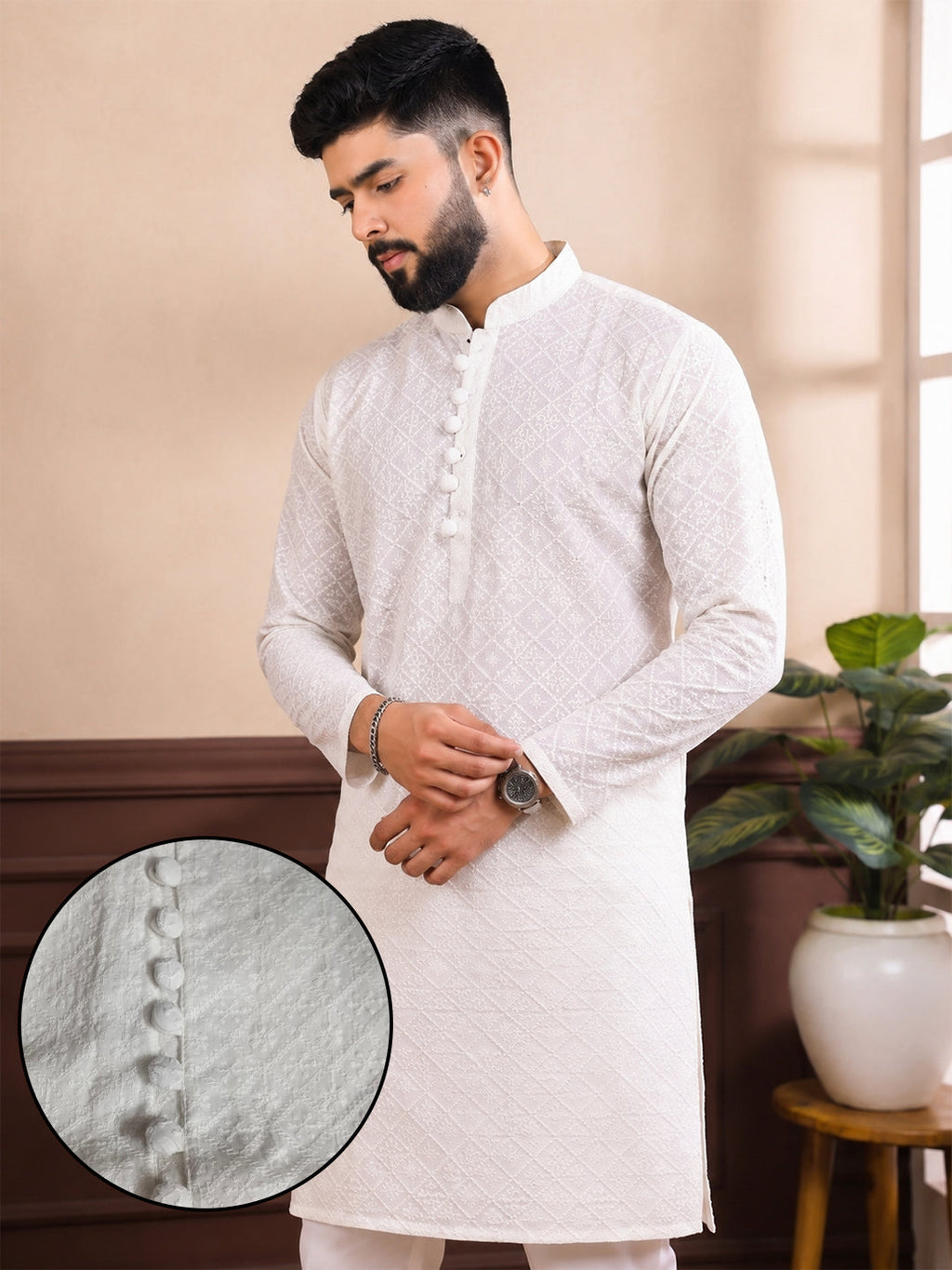 VORA LABEL Men Cotton Self-Design Regular Fit Long Kurta - White