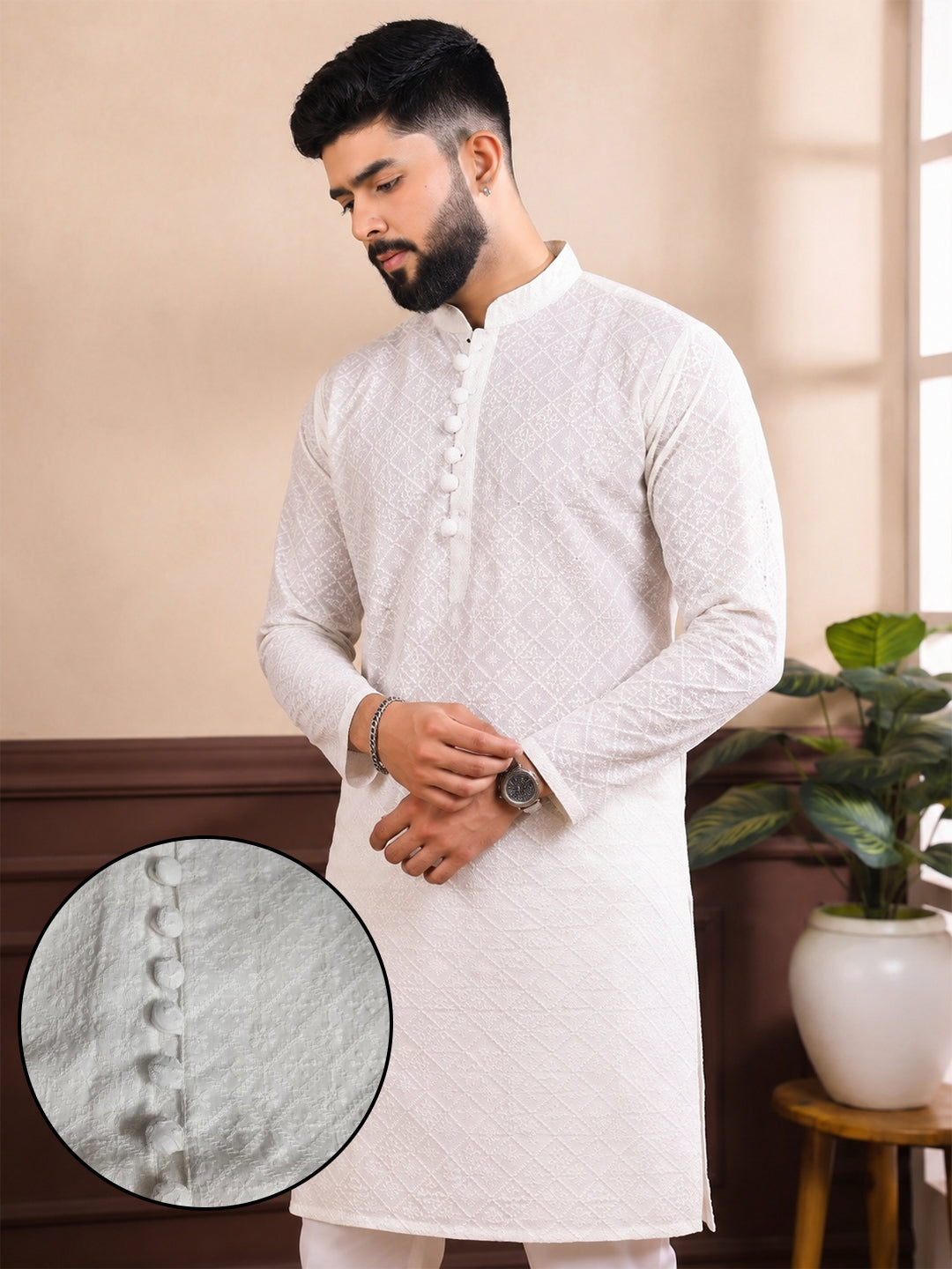 VORA LABEL Men Cotton Self-Design Regular Fit Long Kurta - White