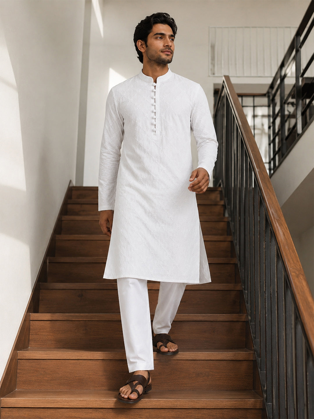 VORA LABEL Men Cotton Chikankari Embroidered Regular Fit Long Kurta - White