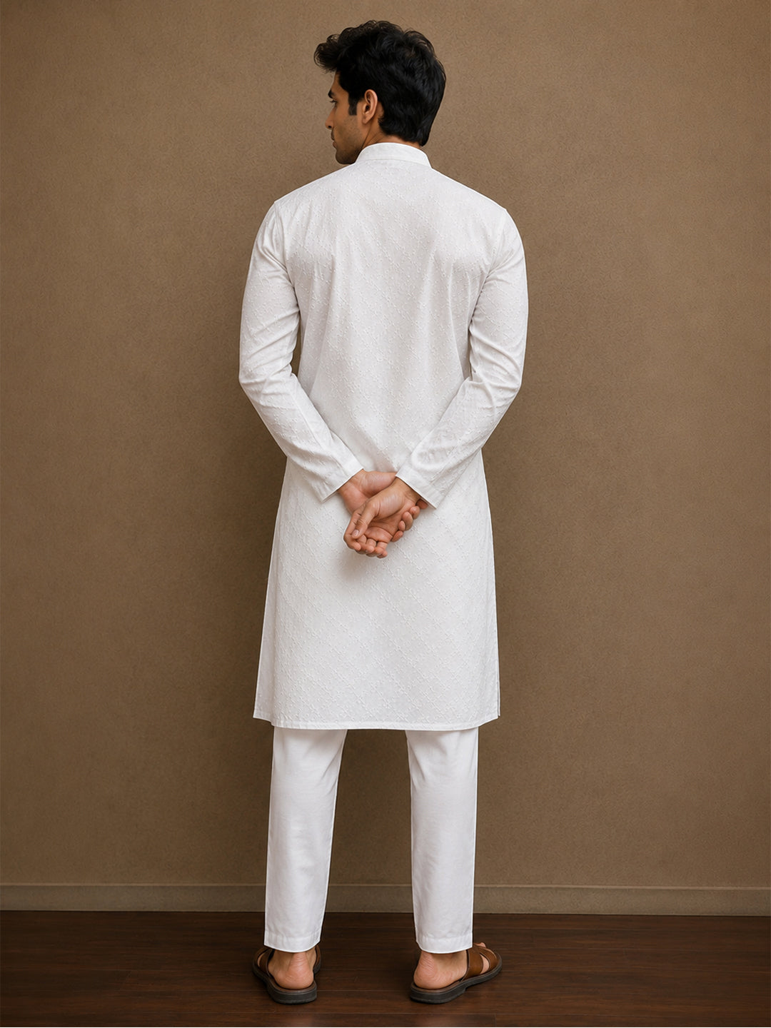 VORA LABEL Men Cotton Chikankari Self-Design Long Kurta - White