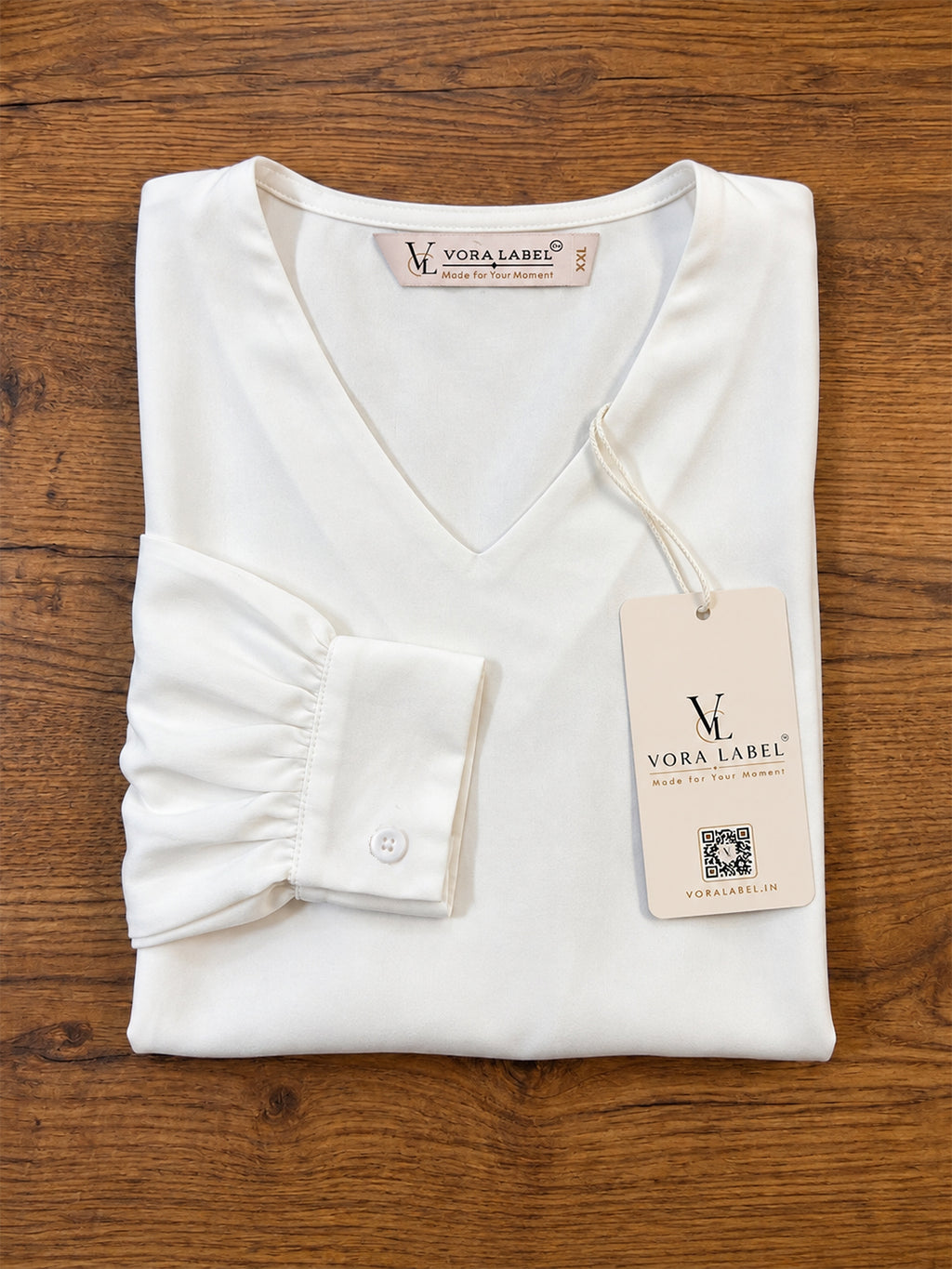 VORA LABEL Women's Premium White Crepe V-Neck Top with Full Sleeves | Elegant Formal & Office Wear Blouse