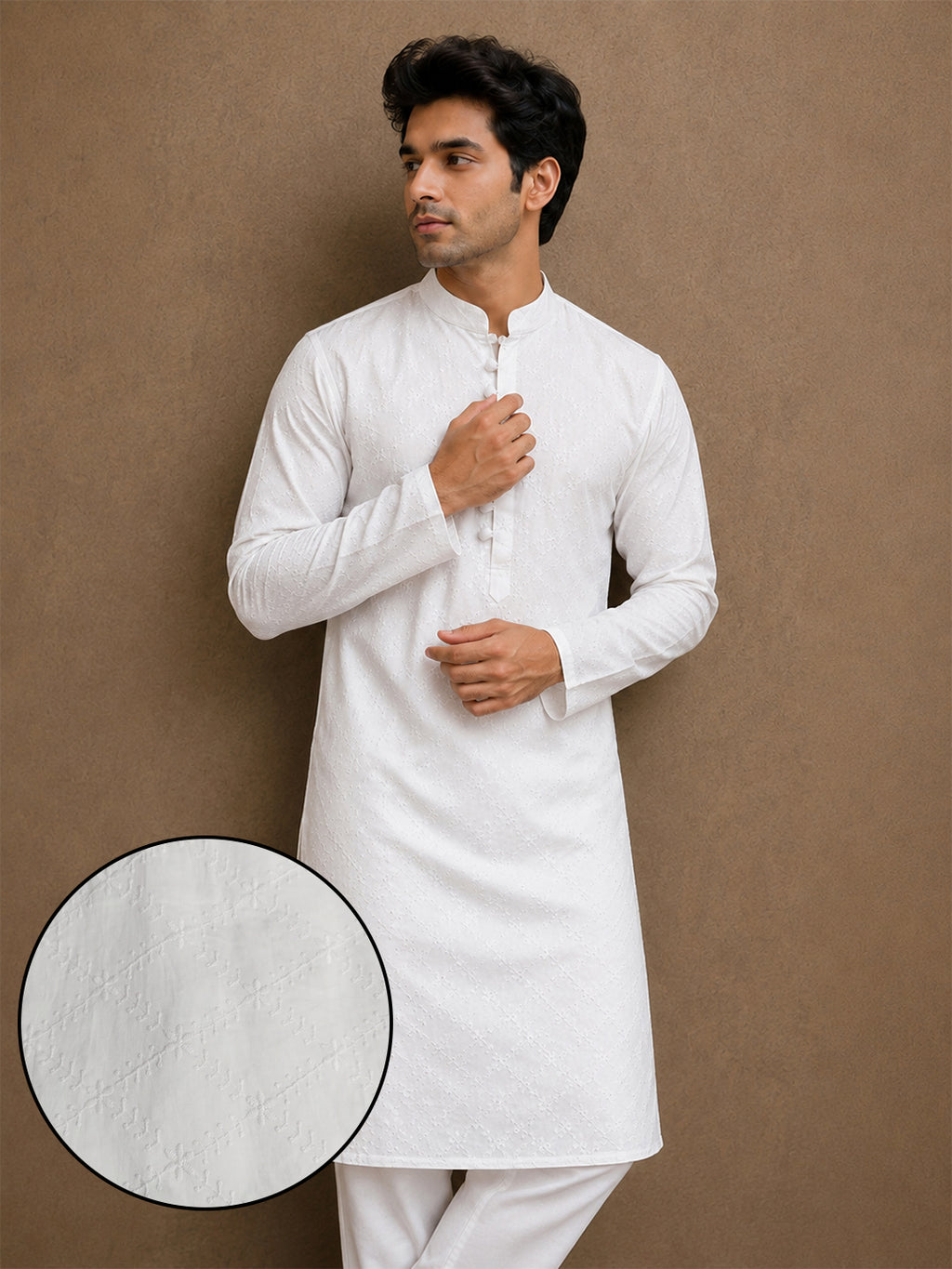 VORA LABEL Men's Pure Cotton Embroidered White Kurta | Regular Fit Ethnic Wear | Full Sleeve Traditional Kurta