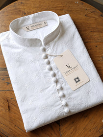 VORA LABEL Men's Pure Cotton Embroidered White Kurta | Mandarin Collar | Full Sleeves | Ethnic Wear