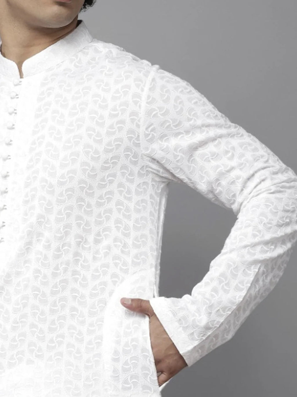 VORA LABEL Men Cotton Chikankari Embroidered Long Kurta - White