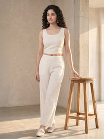 VORA LABEL Women Linen Solid Full Length Wide-Leg Trousers - Cream