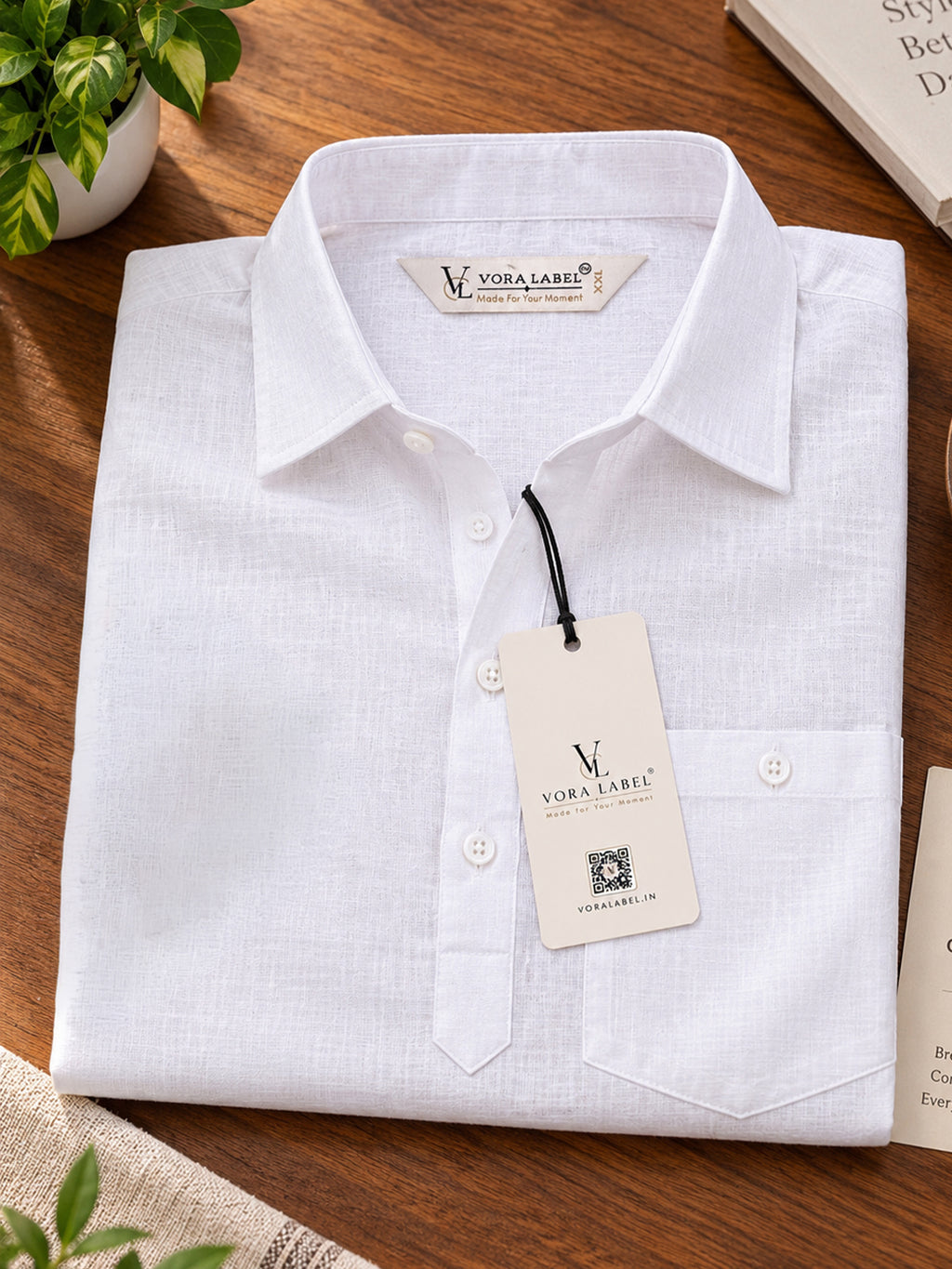 VORA LABEL Men’s Cotton Blend Solid Kurta | Mandarin Collar Full Sleeve Kurta with Pocket | Casual & Festive Wear