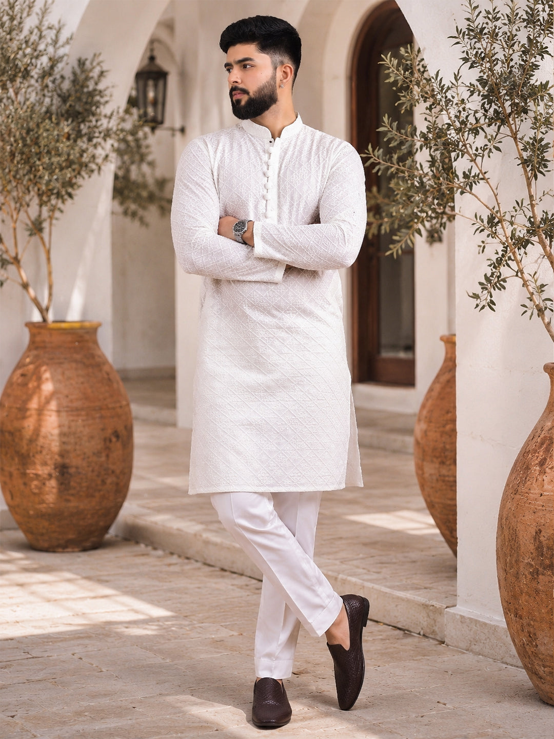 VORA LABEL Men Cotton Self-Design Regular Fit Long Kurta - White