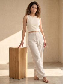 VORA LABEL Women Linen Solid Full Length Wide-Leg Trousers - Cream